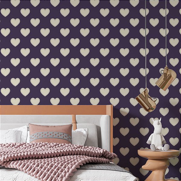Papel de Parede Adesivo Vinil Corações Mosaico Patche Roxo e Bege Vintage Sala Quarto