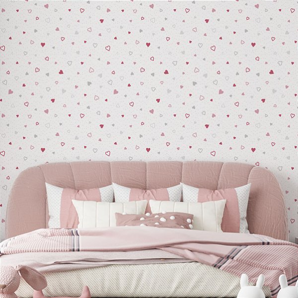 Papel de Parede Adesivo Vinil Corações Rosa Cinza Fofo Pontinhos Quarto Infantil Menina