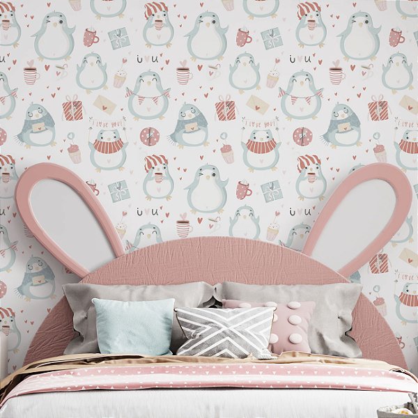 Papel de Parede Adesivo Vinil Pinguins I Love Azul  Fofo Moderno Quarto Infantil Menina