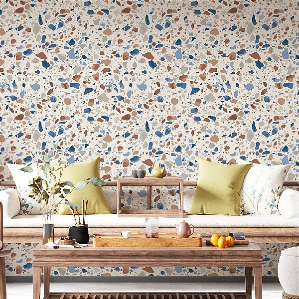 Papel de Parede Adesivo Vinil Sala Terrazo Bega Azul Marrom Granilite Mármore Cozinha Sala Quarto