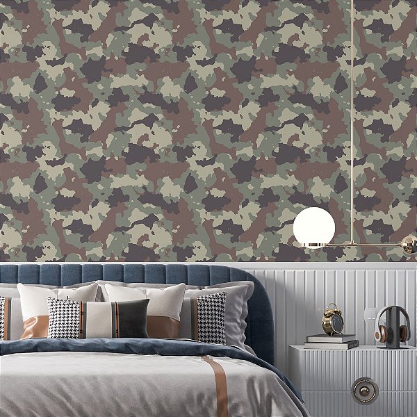 Papel de Parede Adesivo Vinil Exercito Camuflagem Verde e Marrom Teen Quarto