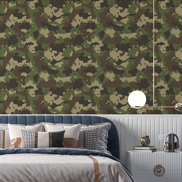 Papel de Parede Adesivo Vinil Abstrato Verde Exercito Camuflagem Teen Quarto