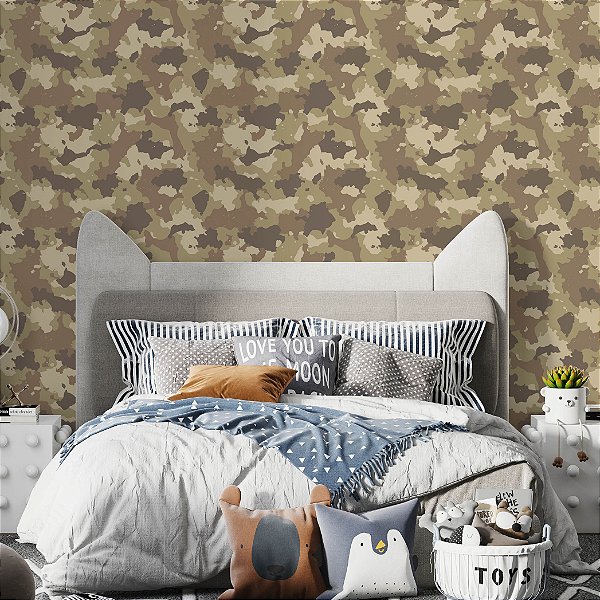Papel de Parede Adesivo Vinil Abstrato Camuflagem Exercito Bege Musgo Teen Quarto