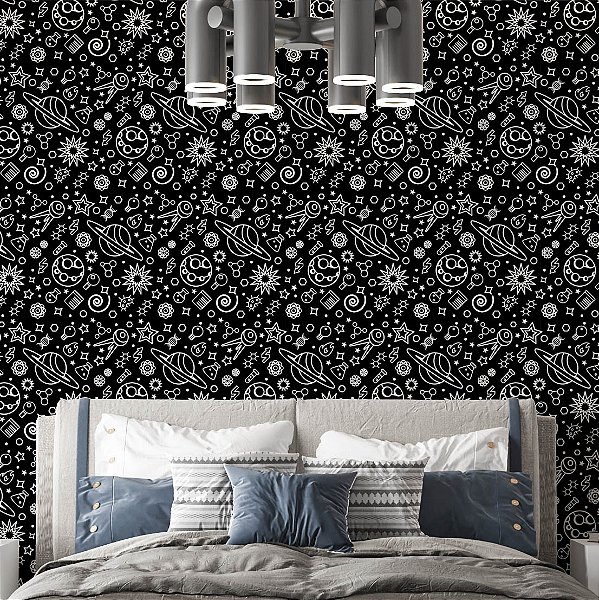 Papel de Parede Adesivo Vinil Planeta Astronomia Desenho Preto e Branco Teen Quarto