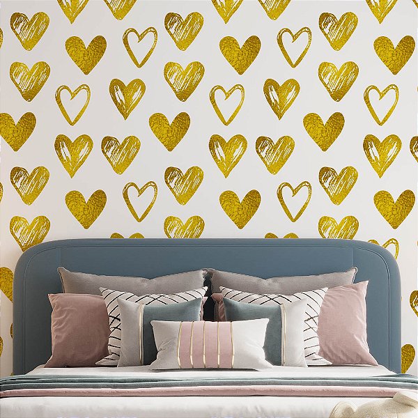 Papel de Parede Adesivo Vinil Corações Gold Teen Quarto Infantil Menina
