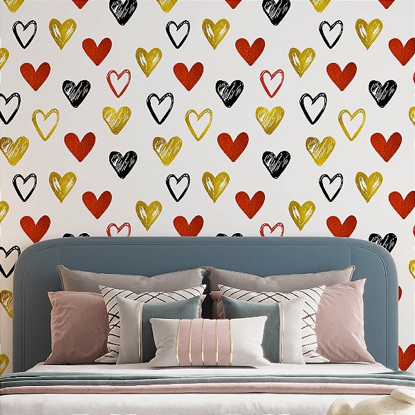 Papel de Parede Adesivo Vinil Corações Vermelho Gold Moderno Teen Quarto meninas