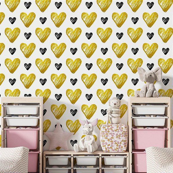 Papel de Parede Adesivo Vinil Corações Romântico Dourado e Preto Sala Quarto Menina