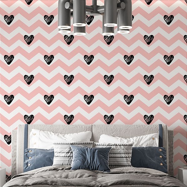 Papel de Parede Adesivo Vinil Chevron Zig-Zag Listra Rosa Coração Preto Quarto Sala