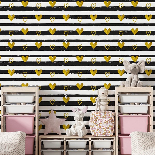 Papel de Parede Adesivo Vinil Coração Gold Listras Pretas Abstrato Sala Quarto Menina