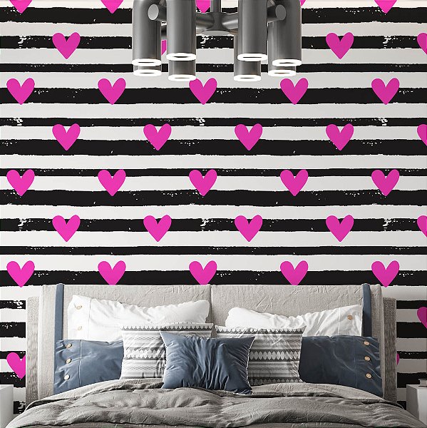 Papel de Parede Adesivo Vinil Sala Corações Rosa Listras Pretas Abstrato Sala Quarto Menina