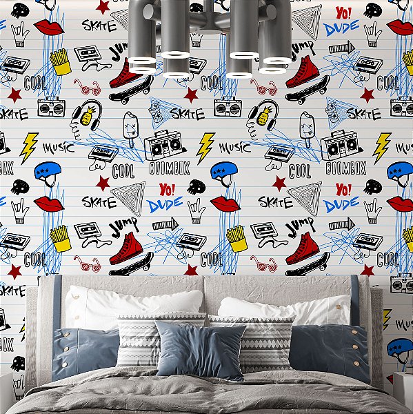 Papel de Parede Adesivo Vinil Menina Skate Fone Som Riscos Desenho Teen Quarto