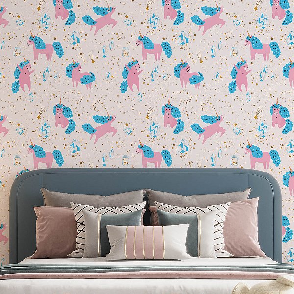 Papel de Parede Autocolante Vinil Unicórnios Mágia Rosa Estrelas Azul Durado Menina Quarto