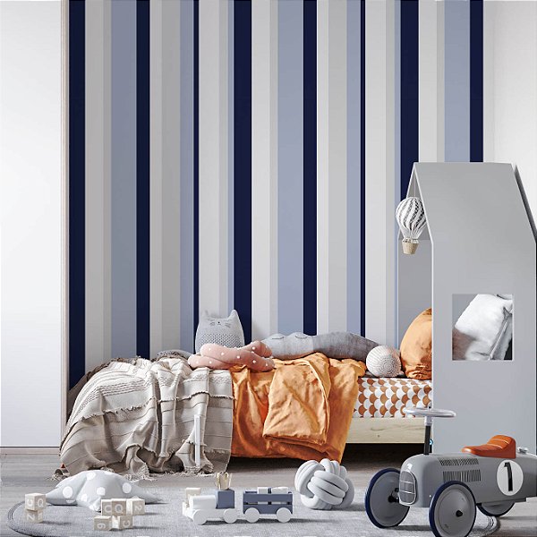 Papel de Parede Adesivo Vinil Listra Tons Azul e Cinza Listrado Linhas Sala Quarto Infantil