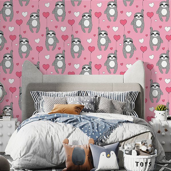 Papel de Parede Adesivo Vinil Bicho Preguiça Corações Desenho Rosa Cinza Quarto Infantil