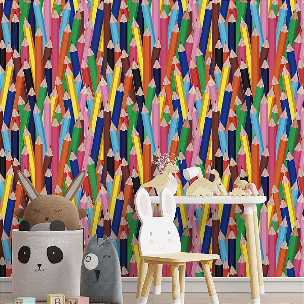Papel de Parede Adesivo Vinil Lápis De Cor Colorido Quarto Infantil Brinquedoteca