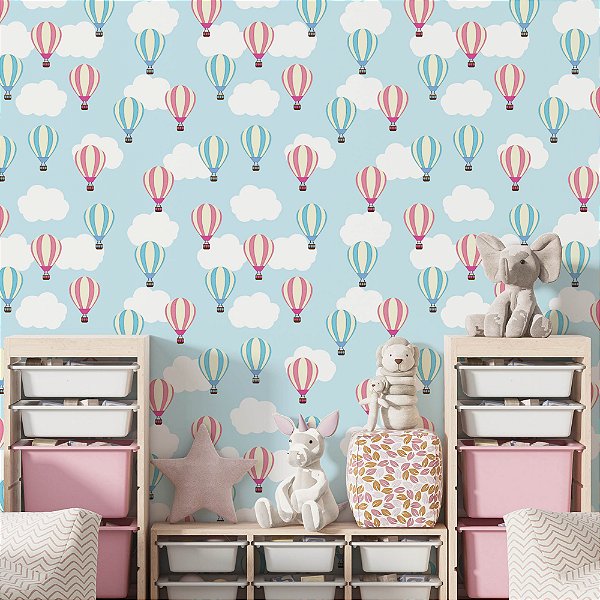 Papel de Parede Adesivo Vinil Balões Rosa Azul Fofo Céu Colorido Quarto Bebe Meninas