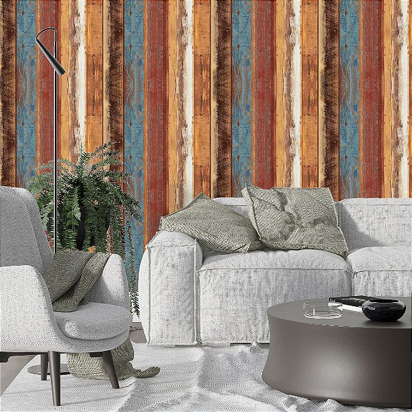 Papel de Parede Adesivo Vinil Ripa Madeira Demolição Laranja e Azul Vintage Sala Quarto