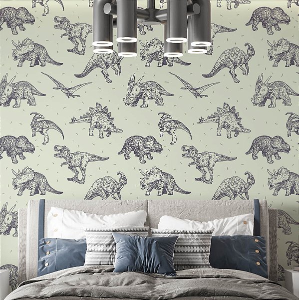 Papel de Parede Adesivo Vinil Dinoussauro Dino Desenho Verde e Cinza Quarto Infantil