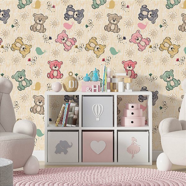 Papel de Parede Adesivo Vinil Ursos Coloridos Linho Vintage Fofo Quarto Infantil Menina