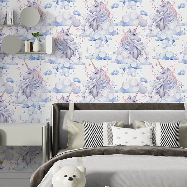 Papel de Parede Adesivo Vinil Teen Unicórnios Nuvem Pintura Aquarela Quarto Infantil Menina