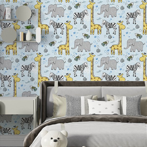 Papel de Parede Adesivo Quarto Safari Bebê Animal Girafa Zebra Azul Quarto Infantil Bebe