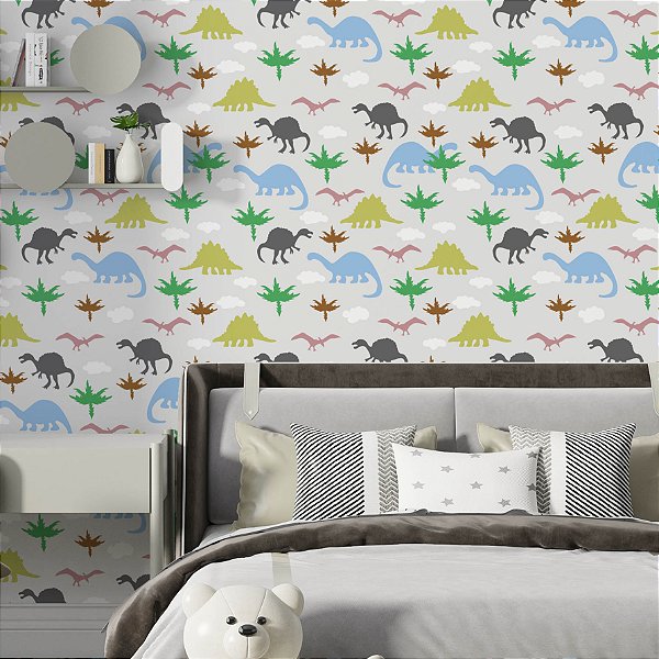 Papel de Parede Adesivo Vinil Dinoussauros Azul Cinza Quarto Infantil Menino