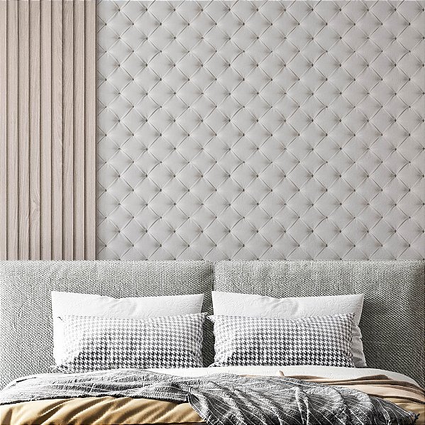 Papel de Parede Adesivo Vinil Capitonê Branco Botonê Cabeceira Quarto