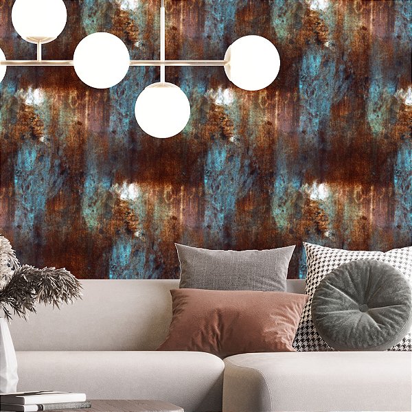 Papel de Parede Adesivo Vinil Aço Corten Azul Ferro Ferrugem Metal Industrial Esritório Sala