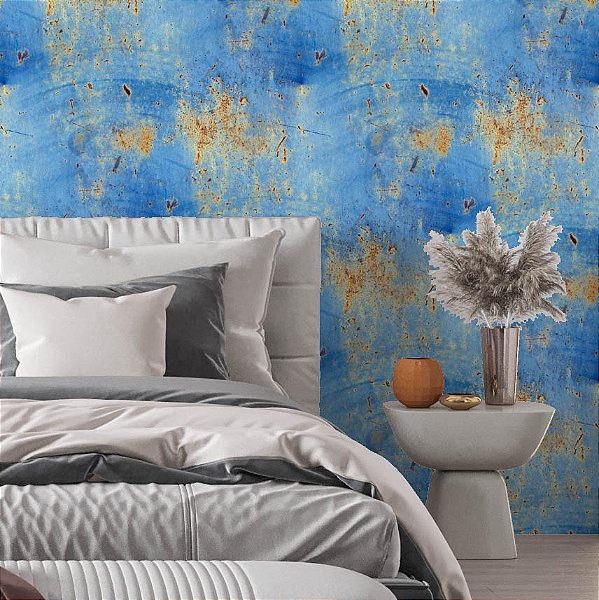 Papel de Parede Adesivo Vinil Empresa Aço Metal Azul Ferro Amarelo Ferrugem Industrial Sala