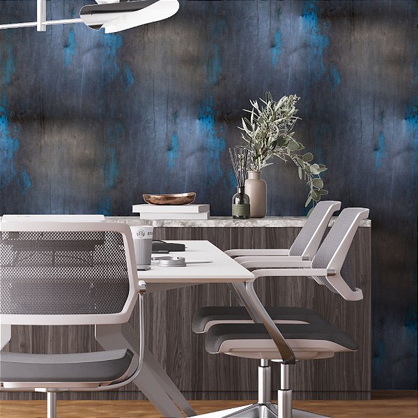 Papel de Parede Adesivo Vinil Aço Tom Azul Grafite Desgaste Cinza Metal Industrial Escritório