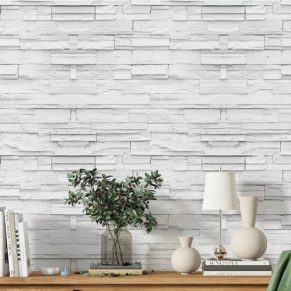 Papel de Parede Adesivo Vinil Canjiquinha Pedra Efeito 3D Tijolo Branco Sala Quarto