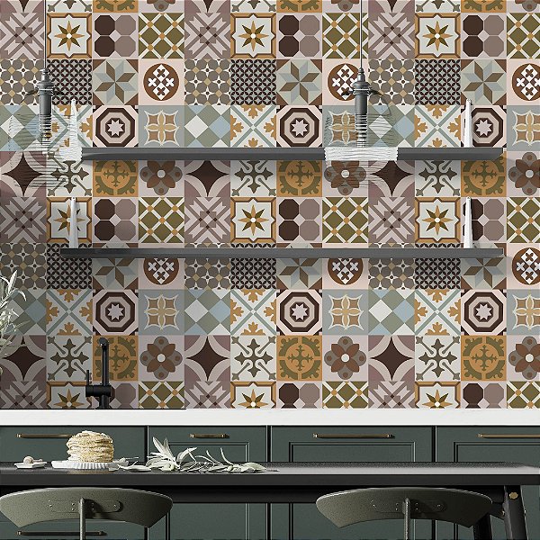 Papel de Parede Adesivo Vinil Azulejo Ladrilho Marrom Hidráulico Geométrico Cozinha Lavabo