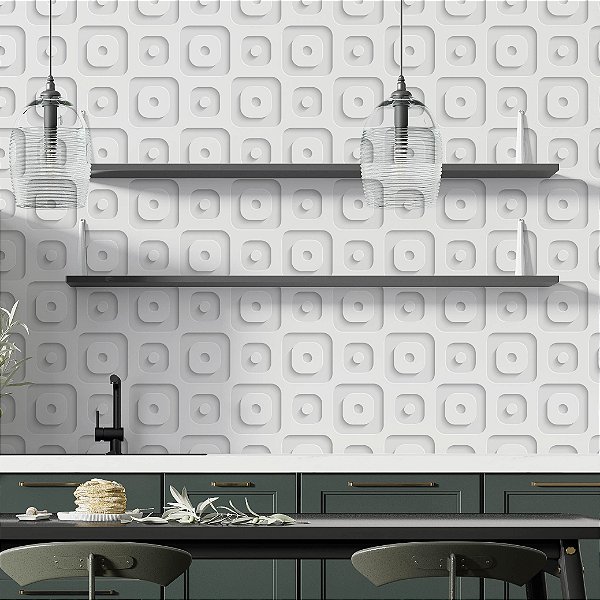 Papel de Parede Adesivo Vinil Quadrados Circulo Gesso Efeito 3D Profundidade Cinza Quarto Sala Cozinha