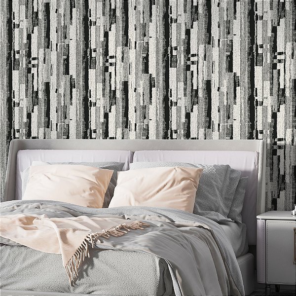 Papel de Parede Adesivo Vinil Abstrato Preto Branco Bege Efeito Linho Linhas Verticais Sala Quarto