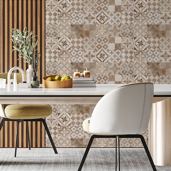 Papel de Parede Adesivo Vinil Azulejo Português Tons Bege Clássico Vintage Geométrico Cozinha Lavabo