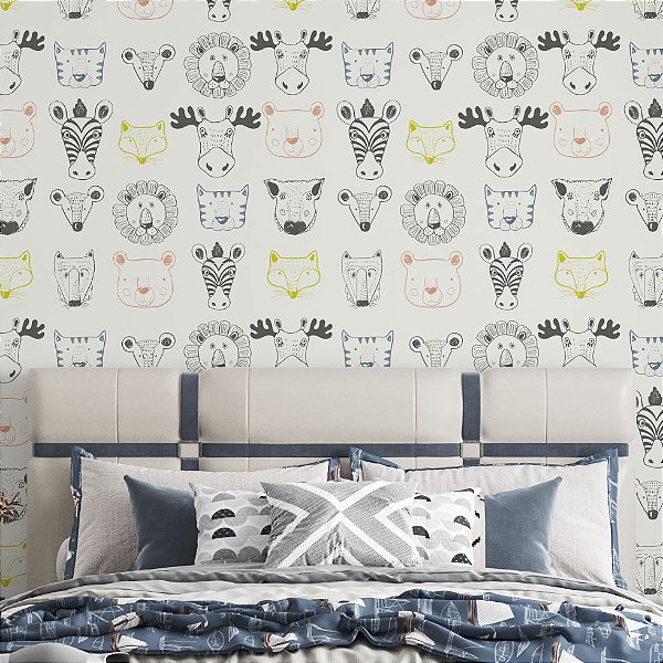 Papel de Parede Adesivo Vinil Animais Safari Abstrato Cinza Vintage Quarto Infantil