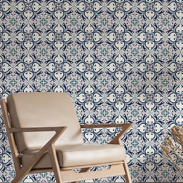 Papel de Parede Adesivo Vinil Azulejo Portguês Flor Hidráulico Cinza