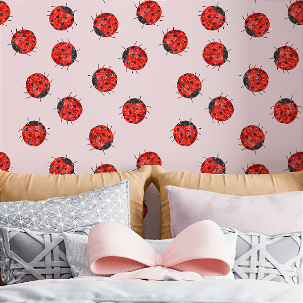 Papel de Parede Adesivo Vinil Joaninhas Fundo Rosa Glitter Fofo Vintage Quarto Infantil Menina