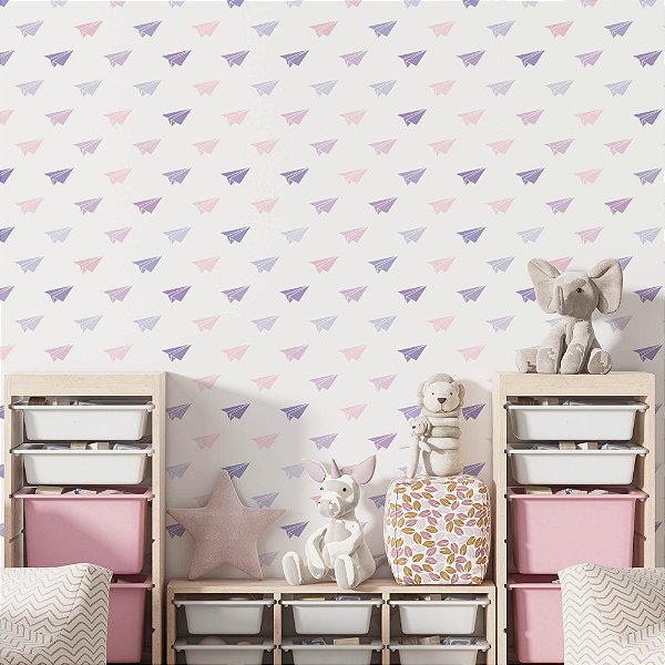 Papel de Parede Adesivo Vinil Aviões de Papel Roxo Lilás Rosa Vintage Quarto Menina