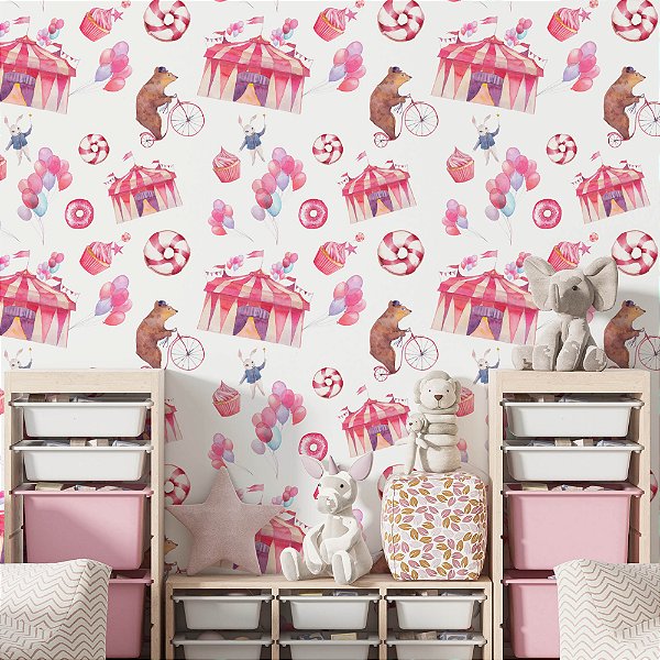 Papel de Parede Adesivo Vinil Circo Ursos Rosa Vintage Quarto Infantil Menina