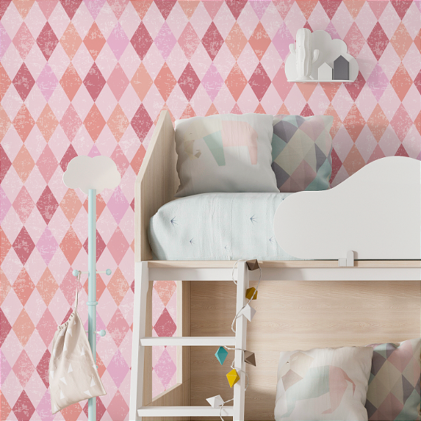 Papel de Parede Adesivo Vinil Abstrato Losango Rosa Geométrico Pedra Marmore Cozinha Sala Quarto Menina