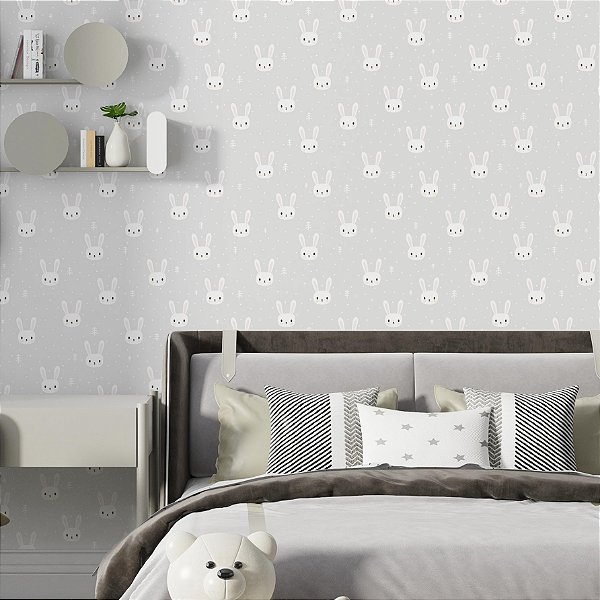 Papel de Parede Adesivo Vinil Coelhinhos Branco Cinza Fofo Moderno Quarto Infantil