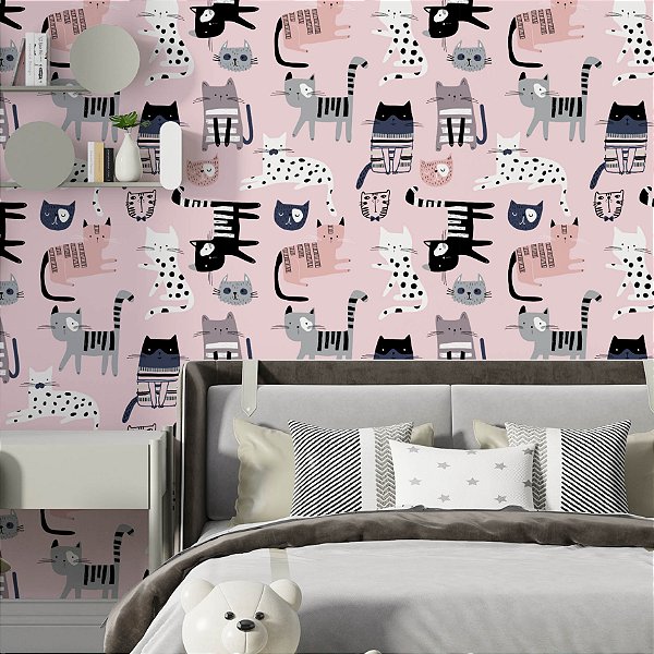 Papel de Parede Adesivo Vinil Desenho Gatos Estampa Rosa Fofo Quarto Menina