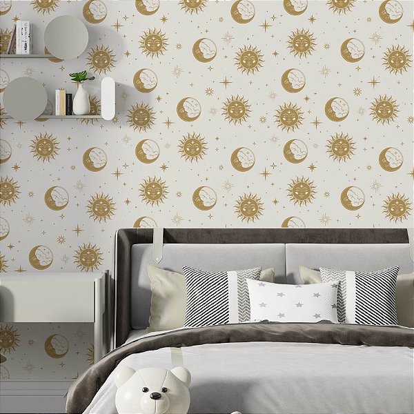 Papel de Parede Adesivo Vinil Lua Sol Dourado Estrela Vintage Sala Quarto Infantil