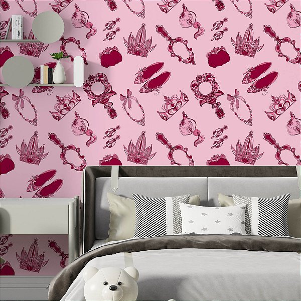 Papel de Parede Adesivo Vinil Coroa Princesas Rosa Fofo Coroa Vintage Quarto Infantil Menina