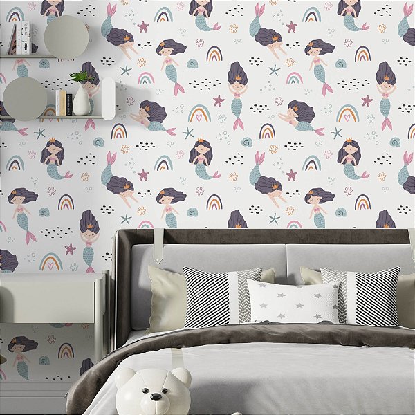 Papel de Parede Adesivo Vinil Teen Sereia Arco Iris Estrela Moderno Quarto Infantil