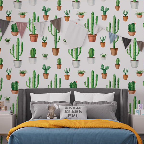 Papel de Parede Adesivo Vinil Pintura Aquarela Cactos Plantas Vasos Verde Quarto Cozinha
