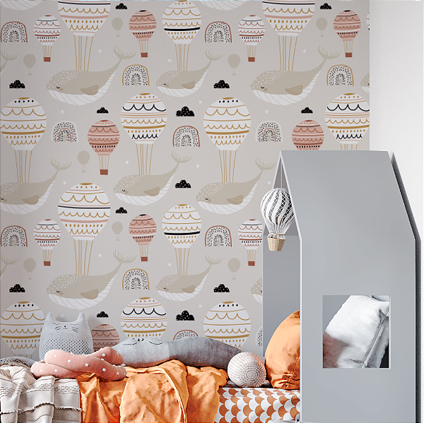 Papel de Parede Adesivo Vinil Balão Baleia Arcoiris Bege Vintage Quarto Infantil