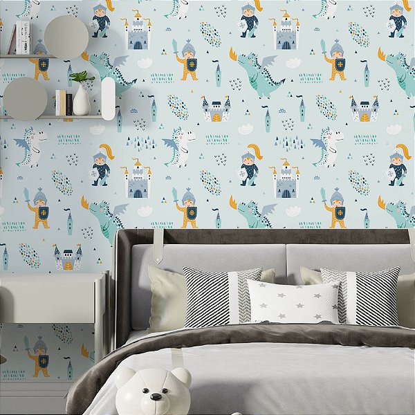 Papel de Parede Adesivo Vinil História Principe Dragões Castelo Azul Quarto Infantil