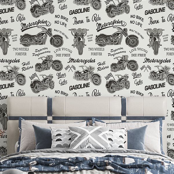 Papel de Parede Adesivo Vinil Moto Retrô Preto Vintage Bege Quarto